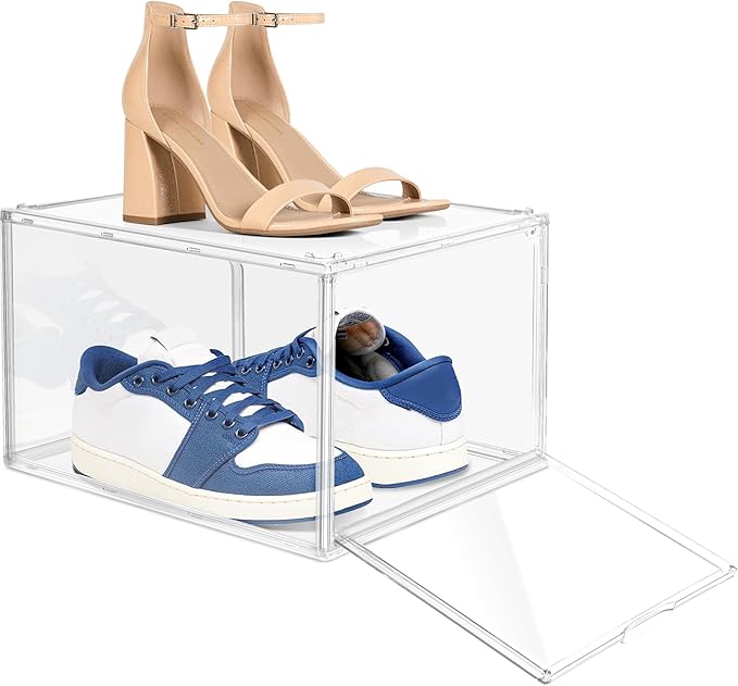 EDS FAM 12 Pack Acrylic Shoe Organizer, Drop Front Shoe Boxes Fit US Size 13, Clear Stackable Hat Organizer Case for Closet, Entryway, Underbed, Multiple Display Cases for Hats, Figures, Sneakers