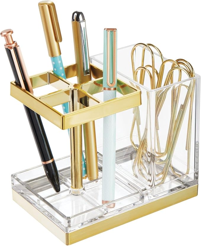 mDesign Plastic Toothbrush and Toothpaste Storage Organizer Holder - Home Decor for Bathroom Countertop - Holds Toiletries and Beauty Accessories - Lumiere Collection - Clear/Soft Brass