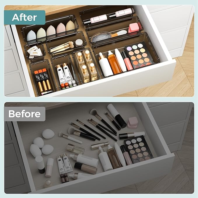 WOWBOX 44 PCS Clear Plastic Drawer Organizer Set, 4 Varied Size storage Bins and Desk Drawer Organizer Trays for Makeup, Gadgets, Jewelry and Utensils in Bathroom, Bedroom and Office, Clear Black
