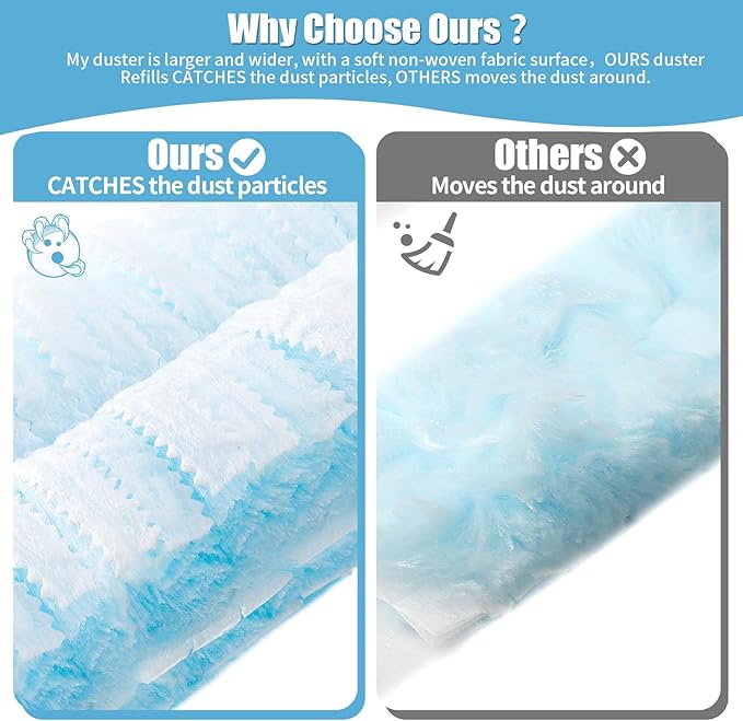 60 Count 360° Heavy Duty Duster Refills Compatible with Swiffer, Large Size-Extra Thick Disposable Electrostatic Duster Refill with 1 Short Handle for Furniture, Blinds, Ceiling Fans
