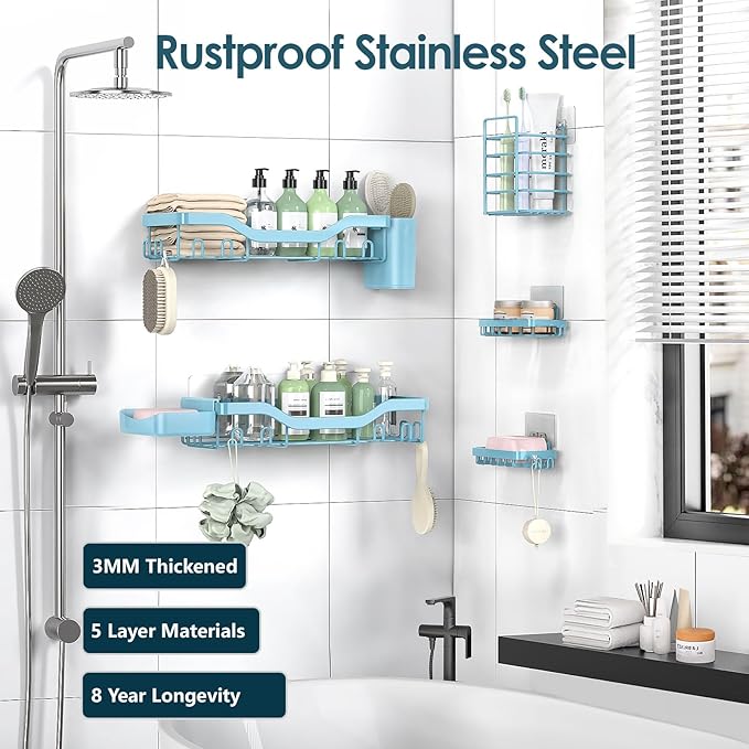 Shower Caddy Adhesive Shower Organizer 7-Pack, Rustproof Stainless Steel Bathroom Shelves, Large Capacity No-Drill Rack Storage Accessories with Soap Dish Toothbrush Holder Hooks
