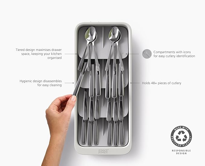 Joseph Joseph DrawerStore Large Tiered Flatware Cutlery Kitchen Drawer Organizer, Holds 48 Pieces, Disassembles for Easy Cleaning, Recycled Plastic