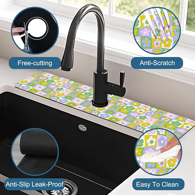 Cute Flowers Sink Splash Guard Retro Floral Faucet Absorbing Mat Fast Drying Mat Sink Gadgets Splash Guard Behind Faucet Drip Catcher for Kitchen Bathroom, 23.5"x5.5"