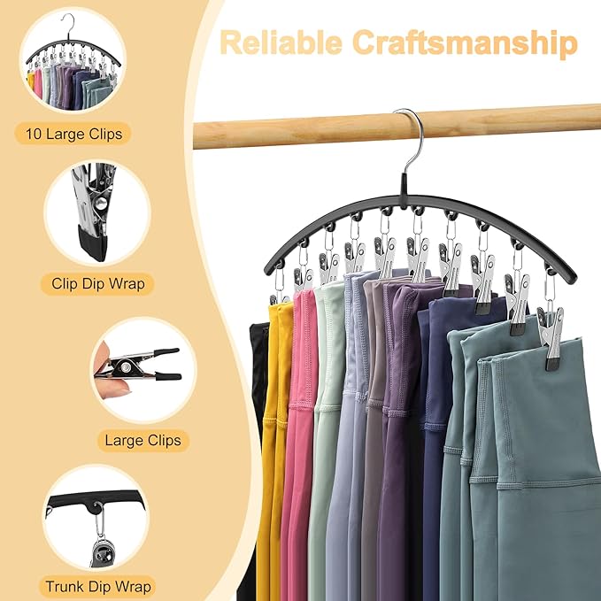 Legging Organizer for Closet, Metal Yoga Pants Hangers 2 Pack w/10 Clips Holds 20 Leggings, Space Saving Hanging Closet Organizer w/Rubber Coated Closet Organizers and Storage, Black