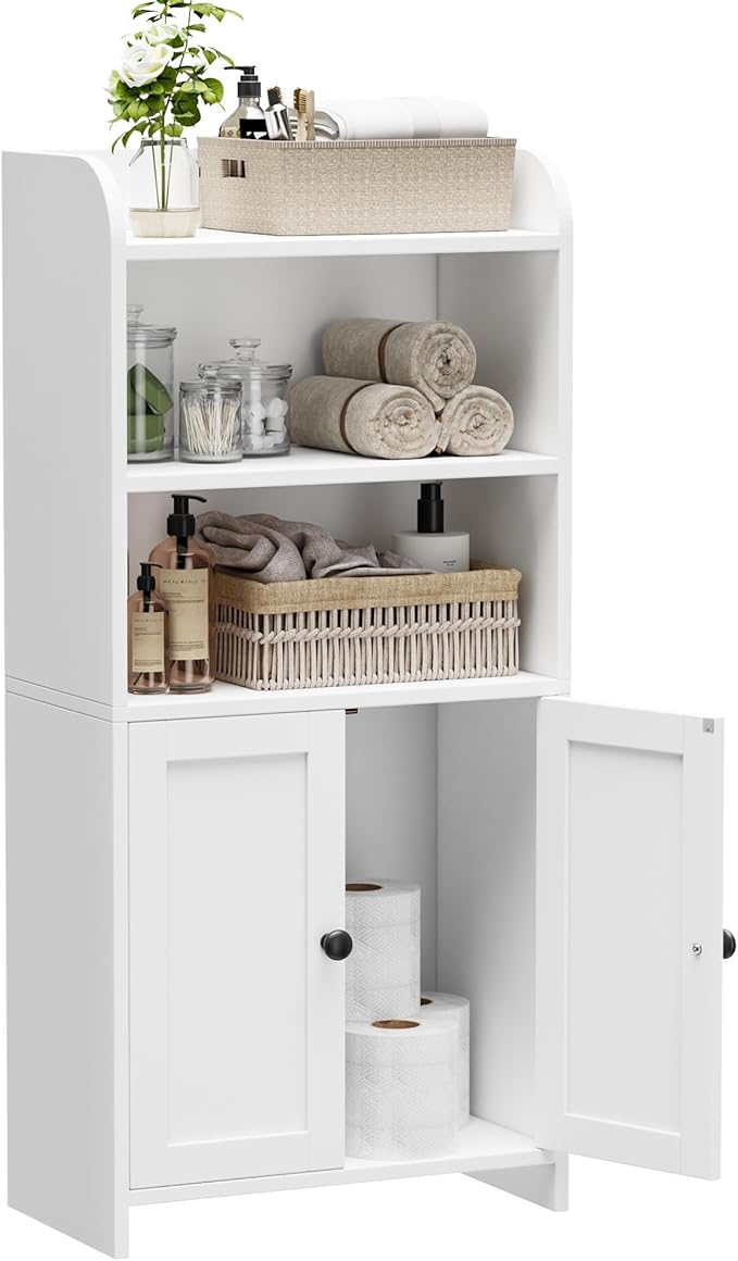 Homhedy Small Bathroom Storage Cabinet, Freestanding Toilet Paper Storage with 2 Doors and Shelves, Bathroom Organizers and Storage for Small Spaces, Laundry Room, 7.9" D x 14.6" W x 31" H, White