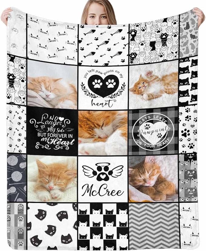 D-Story Pet Loss Sympathy Blanket Pet Loving Memorial Remembrance Gift Custom Blankets, Personalized Cat Lover Blanket with Photo Picture- Cat Passing Away Remembrance Gift