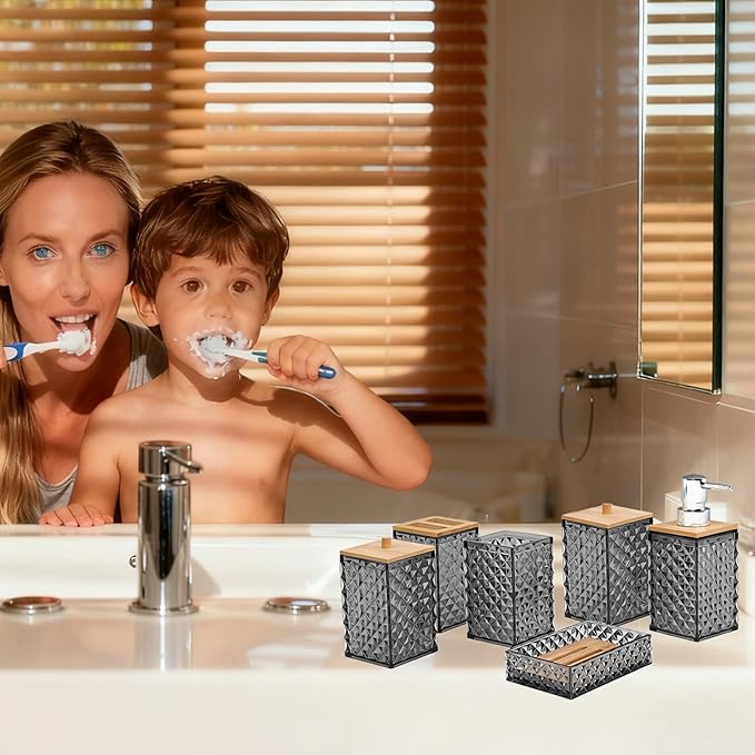Bathroom Accessory Set,6 Pcs Gray Bathroom Set Include Soap Dispenser, Qtip Holder Dispenser, Soap Dish,Toothbrush Holder & Mouthwash Cup.Boho Bathroom Set