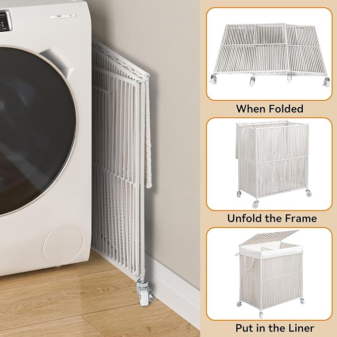 WOWLIVE Laundry Hamper with Wheels, Handwoven Rolling Laundry Basket with Lid, Clothes Hamper with Divided Removable Liner Bag, 115L Large Laundry Sorter Laundry Room Organization, Creamy White