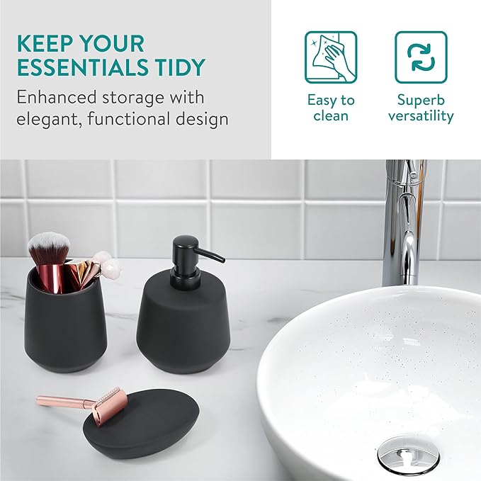 Navaris Ceramic Bathroom Sink Accessories Set - Complete 3pc Matte Black Accessory Set - Soap Dispenser, Toothbrush Holder and Tray - Sets for Bathrooms, Vanity, and Kitchen Sinks