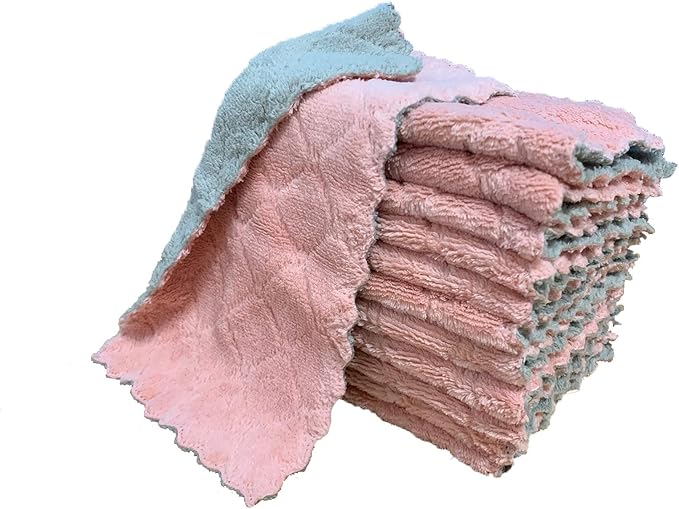 kimteny 12 Pack Kitchen Cloth Dish Towels, Premium Dishcloths, Super Absorbent Coral Velvet Dishtowels, Nonstick Oil Washable Fast Drying (Pink-Grey)