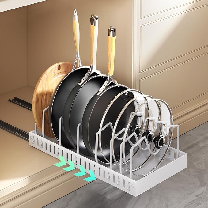 Pull Out Pots and Pans Organizer Under Cabinet, Sliding Lid Holder and Pan Rack in Kitchen, Slide Out inside Cabinet Storage for Pot Lid, Bakeware, Dishes, 8 Adjustable Dividers, 1 Pack White