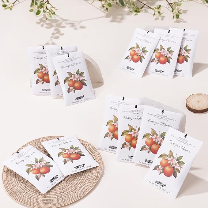 MYARO 12 Packs Orange Blossom Scent Sachets for Closet Home Long Lasting Shoe Odor Deodorizer Bathroom Car Air Frehener