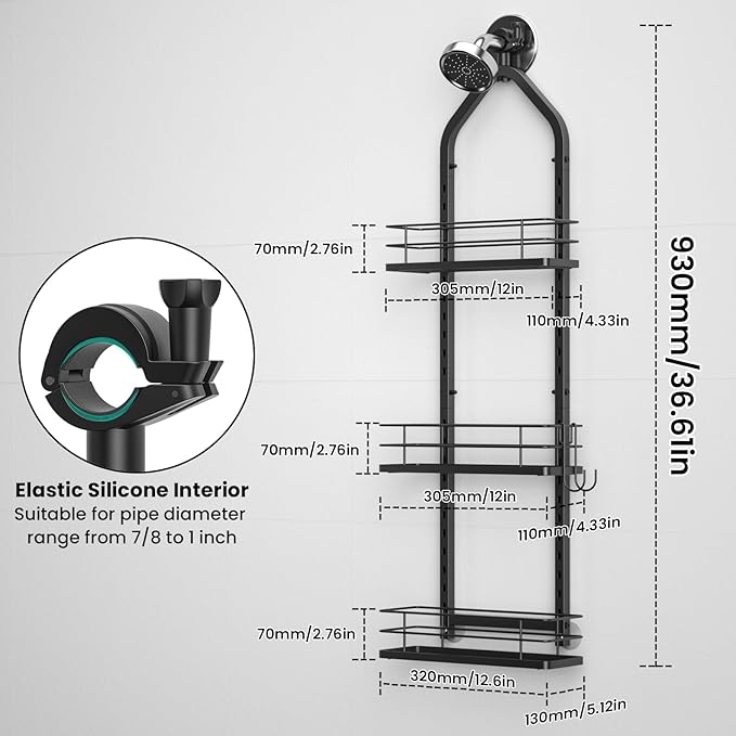 Shower Caddy Hanging, Adjustable Anti-Swing-Over The Shower Head Caddy, 3 Tier Height Bathroom Storage Organizer Bathroom Shelves Basket Rack Shower Caddies (3Tier)