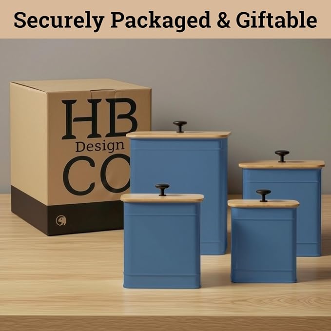 Kitchen Canisters for Countertop Set of 4 with Customizable Chalkboard Labels & Marker Pen - Big Iron Kitchen Canister Set with Airtight Lids - Blue Canisters - Sugar Tea Coffee Containers Sets
