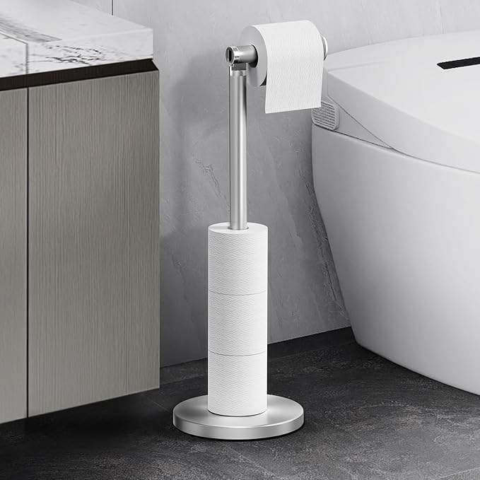 Cesun Toilet Paper Holder Stand Free Standing, Sliver Toilet Paper Storage with Heavy Weighted Base, Bathroom Stainless Steel Toilet Paper Roll Holder, Non-Slip, Sliver
