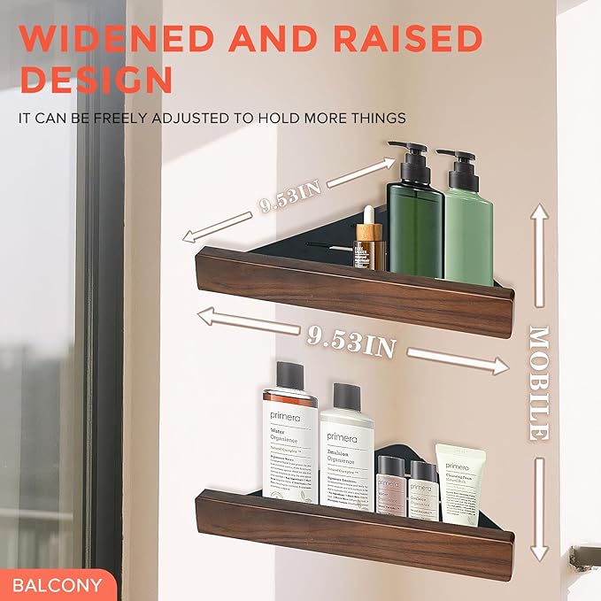 Bathroom Corner Shelf 1-Pack, Shower Shelves Corner with High Guardrail - No Drilling Shower Caddy, Solid Walnut Finish Aluminum Shelf
