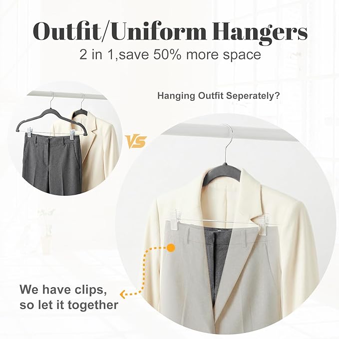 HOUSE DAY Velvet Skirt Hangers 24 Pack, Gray Hangers with Adjustable Clips, Space Saving Slim Velvet Pant Hanger, Heavy Duty Non Slip Clip Hanger for Pants, Skirts, Shorts