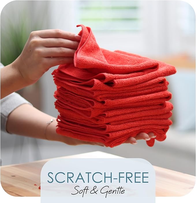 Hearth & Harbor Microfiber Cleaning Cloth, Towels for Cars 24 Pack Washcloths, Red Rags, Reusable Towel, Cloth Rags Cleaning, Lint Free 12x12inch