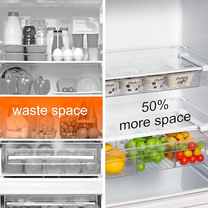 Pull-Out Fridge Drawer Organizer - Under Shelf Storage Bins for Refrigerator Organization for Fruits Vegetables, Cheese & Deli (Tall & Wide with dividers)