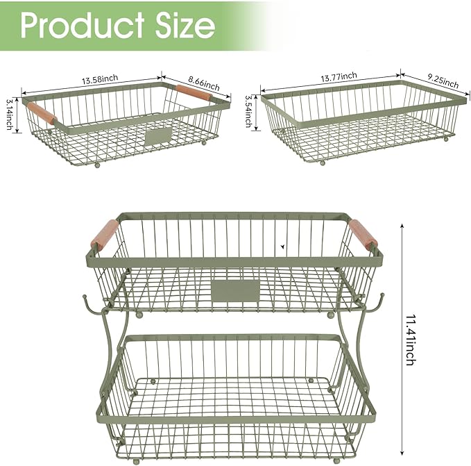Fruit Basket Bowl 2 Tier Detachable with 2 Banana Hangers, Fruit Stand Holder for Kitchen Countertop, Metal Wire Vegetable Storage Organizer, for Bread Snack Veggies Produce,green