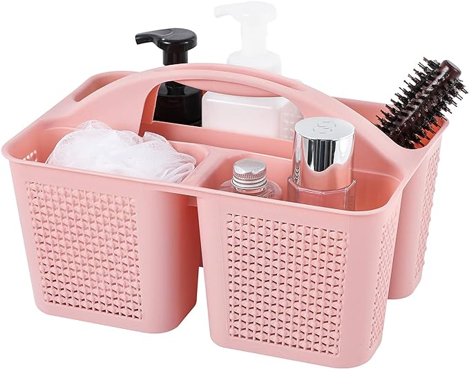 UUJOLY Plastic Portable Shower Caddy Basket Bucket, Cleaning Shower Basket with Handle Compartments Storage Basket Organizer for Bathroom Kitchen College Dorm Sink, Pink