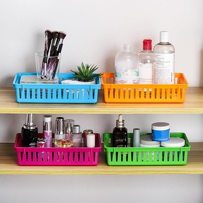 DEAYOU 16 Pack Classroom Storage Baskets Bins, Small Plastic Organizer Basket, Colorful Storage Trays, Crayon Pencil Containers for Paper, Desk, Shelf, Home School Office, 10.2" L x 6.5" W x 2.4" H