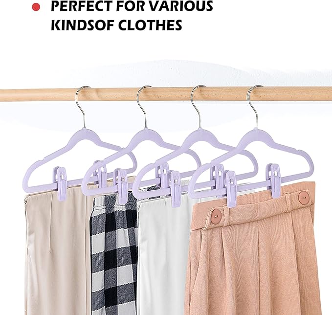 Tinfol Velvet Hanger Clips, 50Pcs Light Purple Strong Finger Flocked Clips, Large Opening Clip, Pants Velvet Clip for Thin Clothes Hangers