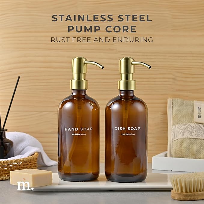 MaisoNovo Soap Dispenser 2-Piece Set | 16.9oz Amber Bottles with Gold Stainless Steel Pump Core