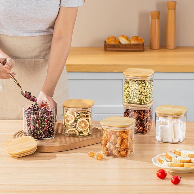 24 Oz Glass Storage Jars with Bamboo Lids - 6 Pack Clear Glass Canisters Square Airtight Stackable Ideal for Pantry Storage Containers Organizers Great for Storing Oats Coffee Beans Nuts etc