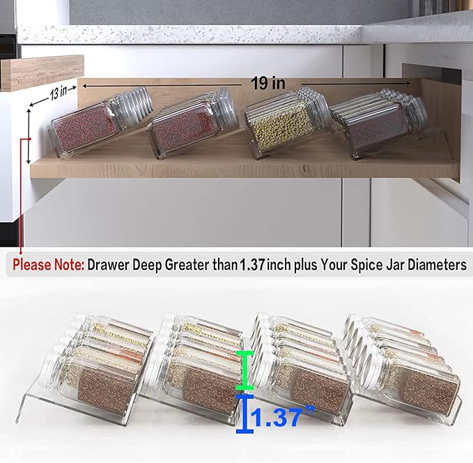 19 x 13 Inches Spice Drawer Organizer, 4 Tier Clear Acrylic Expandable In-Drawer Seasoning Jars Rack, Kitchen Drawer Spice Insert Tray for Cabinet/Countertop