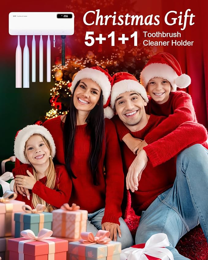 UV Toothbrush Cleaner Holder, Temracha Toothbrush Holders for Bathrooms, 5+1+1 Slots Tooth Brush Shaver Cleaner and Holder, Rechargeable Cordless Wall Mounted with Heating Functions, No Drilling