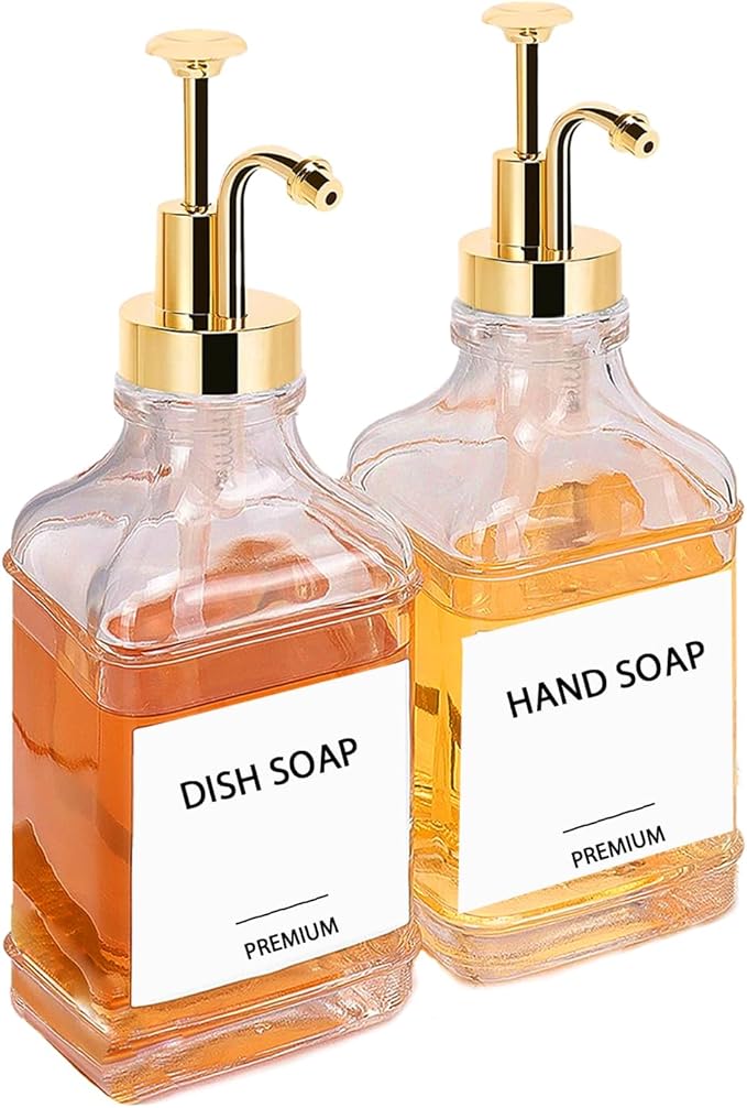 Dish Soap Dispenser for Kitchen, Hand Glass Soap Dispenser Set with Pump, Funnel for Bathroom, Shower, Laundry, Liquid, Lotion (Gold 2 Pack 18 Oz Clear Bottles with 12 Stickers)