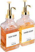 Dish Soap Dispenser for Kitchen, Hand Glass Soap Dispenser Set with Pump, Funnel for Bathroom, Shower, Laundry, Liquid, Lotion (Gold 2 Pack 18 Oz Clear Bottles with 12 Stickers)