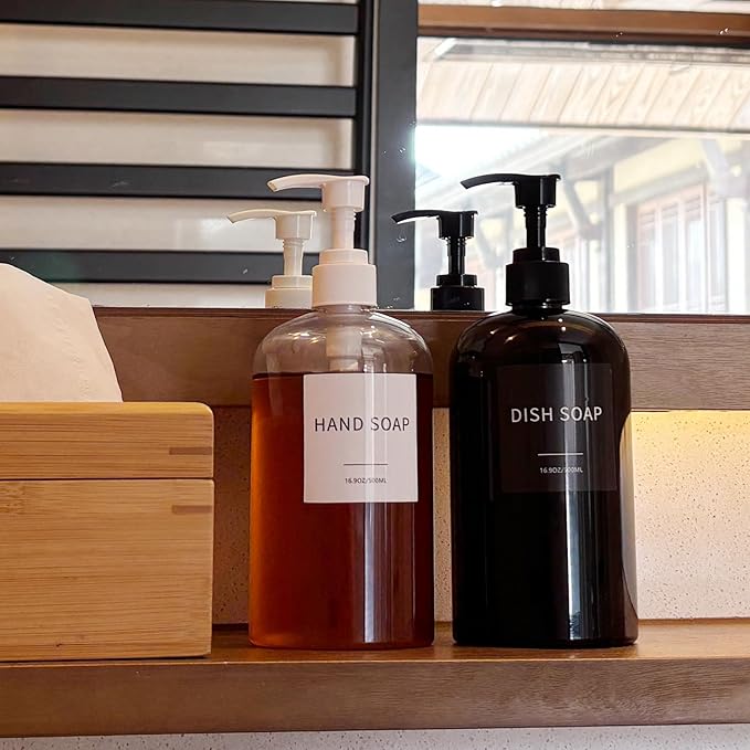 Soap Dispenser with Waterproof Labels, Thickened Plastic Hand Soap Dispenser for Bathroom, Kitchen Dish Washing Liquid Bottles, Shampoo and Conditioner Bottles (16.9 oz, Set of 2, Black)