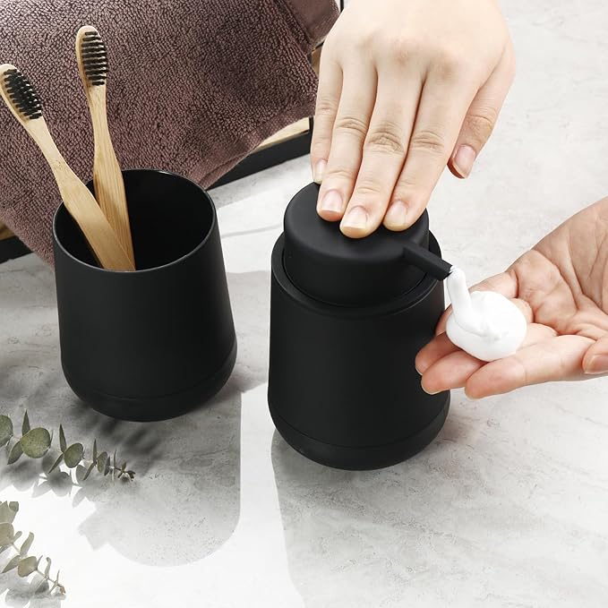Black Bathroom Countertop Accessories Set - Foaming Soap Dispenser and Toothbrush Holder with Silicone Boot,Vanity Tray (Black Foam)