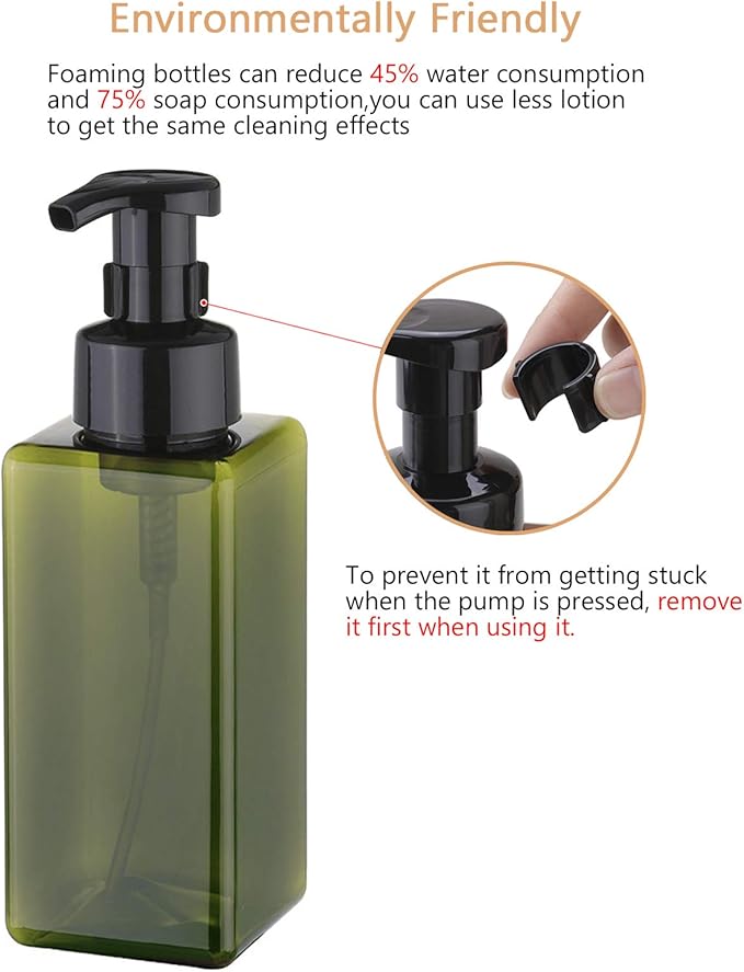 UUJOLY Foaming Soap Dispenser 650ml (22oz) Refillable Plastic Pump Bottle for Liquid Soap, Shampoo, Body Wash (2 Pcs) (Green)
