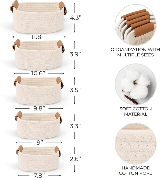 Beautiful Storage Basket Set of 5 - Sturdy Cotton Rope Baskets for Shelves Are Perfect for Organizing Your Home - Quality Storage Bins Easily Fit With Any Nursery or Bedroom Decor