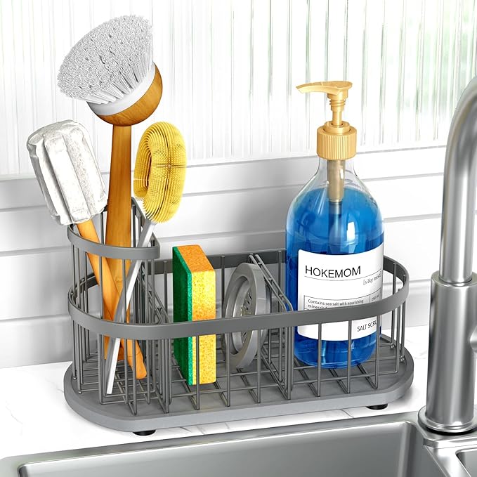 LARGE Kitchen Sink Caddy Organizer,[FLEXIBLE PLACEMENT & FAST-DRYING] Sponge Holder for Kitchen Sink Countertop with High Brush Holder-Rustproof 304 Stainless Steel-9.84"L x 4.72"W x 5.83"H