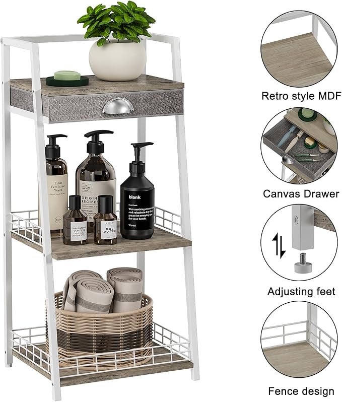 keomaisyto 3-Tier Small Bathroom Shelves with Drawer, Floor Storage Shelf, Small Bathroom Stand Rack, Freestanding Ladder Shelf for Living Room Bedroom, White
