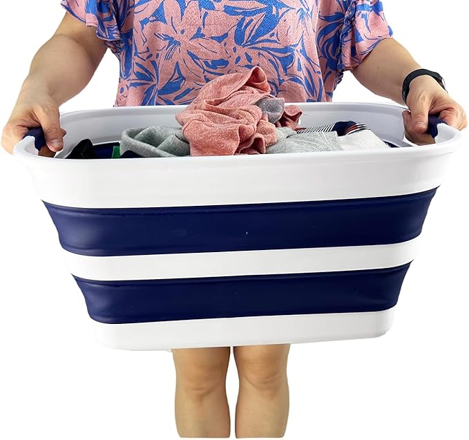 SAMMART Collapsible Plastic Laundry Basket with Handle/Foldable Pop Up Storage Hamper/Portable Laundry Organizer-Space Saving Washing Tub/Household Storage (White/Starry Blue, 27L (Set of 2))