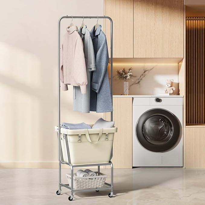 ELYKEN Laundry Cart with Hanging Rack, Rolling Laundry Hamper with Wheels, Laundry Basket with Removable Liner Bag and Shelf, Sturdy Metal Frame Dirty Clothes Basket for Hotel, Home, Closet, Dorm