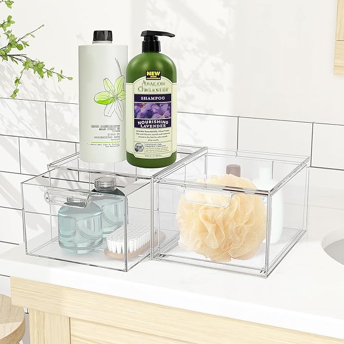 2 Pack Stackable Makeup Organizer and Storage, Acrylic Organizers，Clear Plastic Storage Drawer with Handles for Vanity, Undersink, Kitchen Cabinets, Pantry
