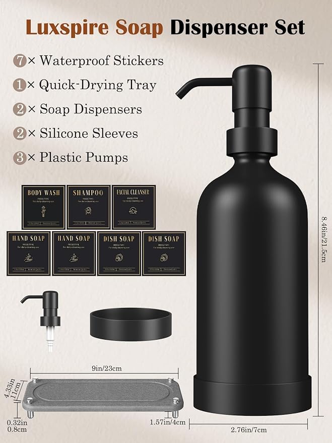 Luxspire Soap Dispenser Set, Hand Soap Dispensers with Fast Drying Tray, 17 oz Glass Refillable Liquid Bottle for Bathroom & Kitchen, Kitchen, 2 Pack, Black + Dark Gray