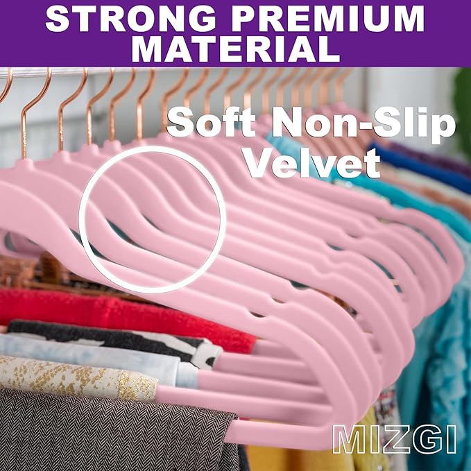 MIZGI Premium Velvet Hangers (Pack of 50) Heavy Duty - Non Slip - Velvet Suit Hangers Light Pink - Copper/Rose Gold Hooks, Space Saving Clothes Hangers