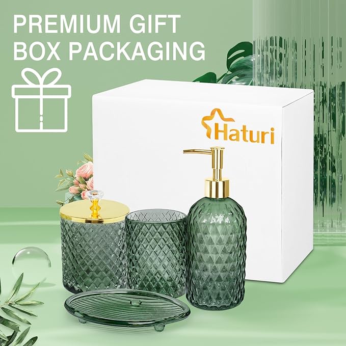 Bathroom Accessories Set, 4Pcs Sage Green Glass Bathroom Accessory Set Complete w/Lotion Soap Dispenser, Toothbrush Holder, Qtip Holder, Soap Dish, Gold Bathroom Decor Sets, Gift for Home Apartment