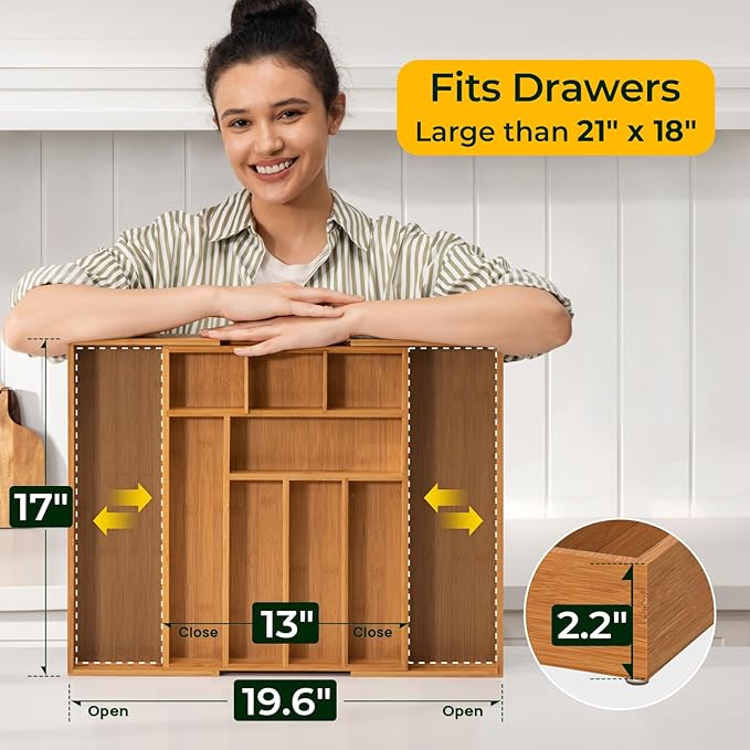 Carbonized Bamboo Kitchen Drawer Organizer, 10 Slots Expandable Silverware Organizer, Utensil Holder & Cutlery Tray, 2.2" Deep for Extra Capacity, Non-Slip Feet Included