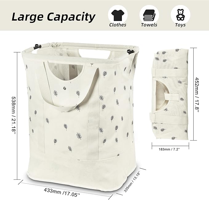 JOMOLA Collapsible Laundry Hamper 70L Large Foldable Laundry Basket Canvas Dirty Clothes Hamper Laundry Tote Bag with Handles for Family College Dorm Storage (Beige)