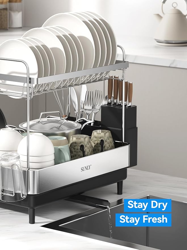 SUNLY 2 Tier Dish Drying Rack, Extra Large Dish Rack, Expandable Dish Racks for Kitchen Counter, Multifunctional Large Dish Drainers for Kitchen Counter, Black