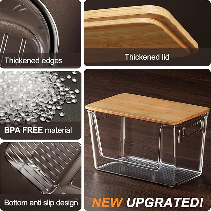 Pantry Organizers Storage, 2 Pack Under Sink Organizer Trash Bag Holder with Bamboo Lids Large Capacity Clear Storage Bins for Onion, Potato, Garlic, Canned Food Kitchen Countertop Organizer