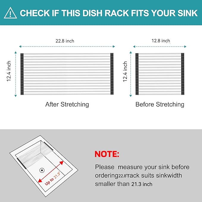 Extra Large Expandable Roll Up Dish Drying Rack,Over The Sink Drying Rack Sink Cover Kitchen Sink Accessories Kitchen Rolling up Stainless Steel Drainer, Foldable,Rollable（Black，25.1''-12.4''）